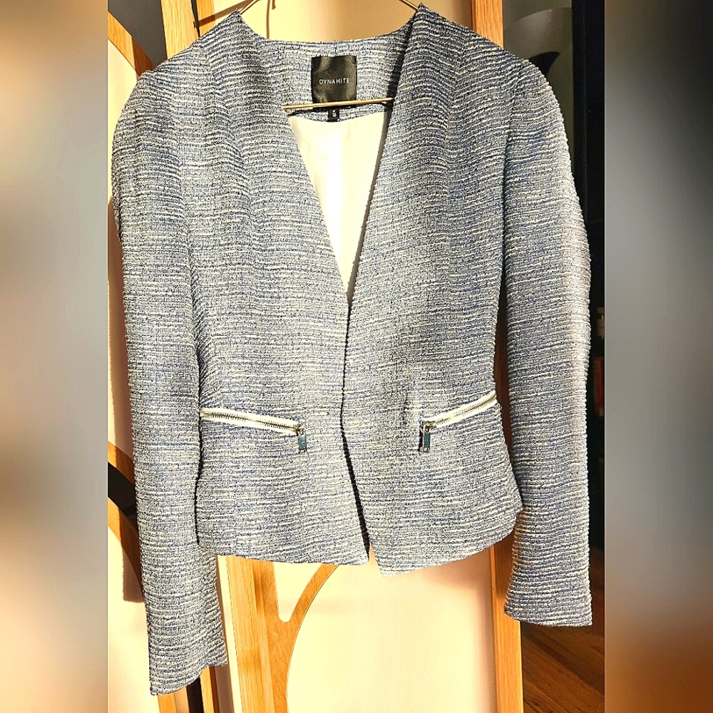 Dynamite Tweed style Open light blue & white Blazer High-low cut Size Medium